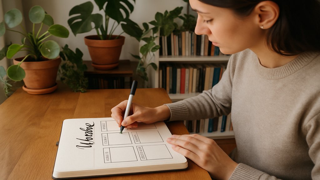 Eine Person erstellt eine Wochenübersicht in ihrem Bullet Journal, umgeben von kreativem Zubehör.