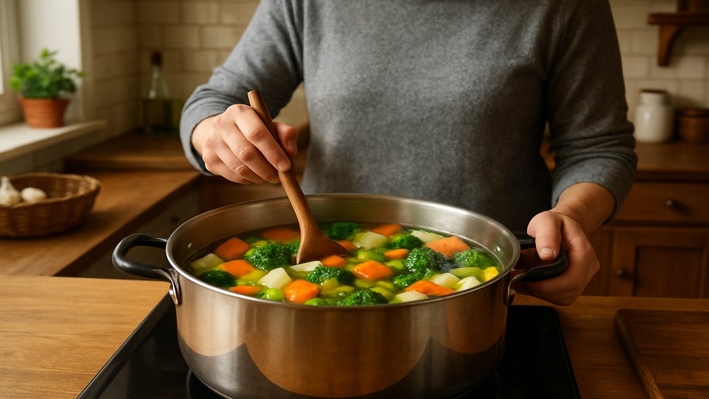 Eine Person kocht eine Gemüsesuppe in einer modernen Küche.