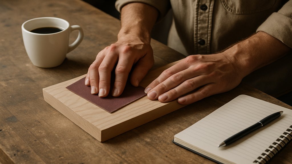 Eine Person schleift ein Holzstück mit Schleifpapier.