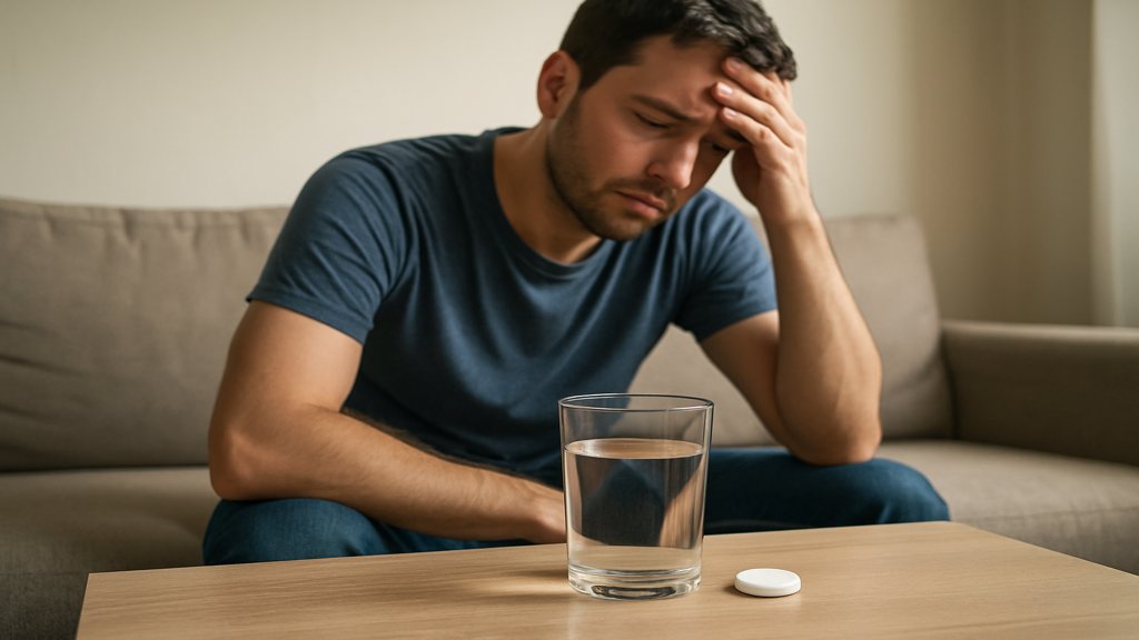 Erschöpfter Mann auf einem Sofa mit Magnesiumtabletten auf dem Tisch.