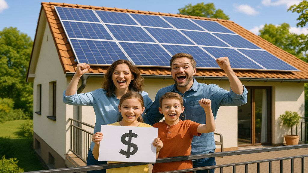 Familie auf einem Balkon eines Hauses mit Photovoltaikanlage auf dem Dach.