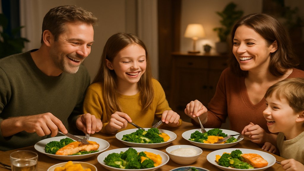 Familie beim Essen von Vitamin-D-reichen Lebensmitteln.