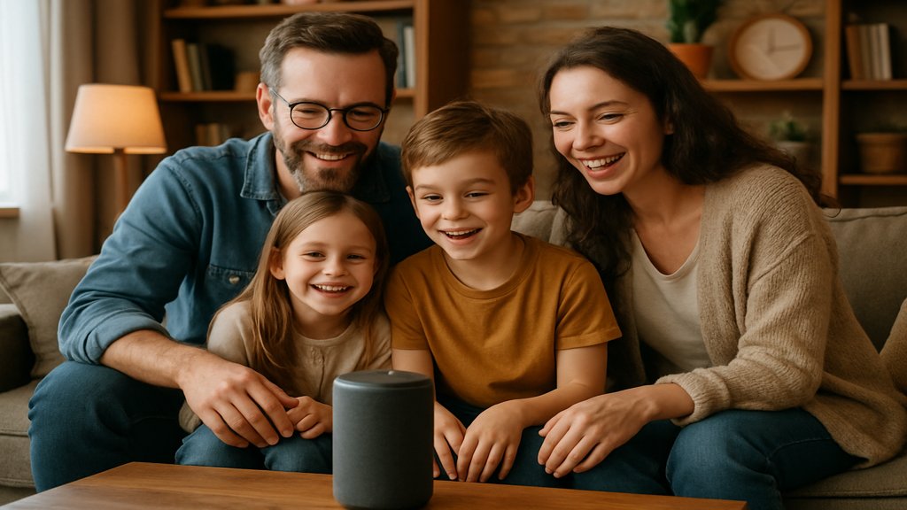 Familie benutzt Sprachassistent im Wohnzimmer.