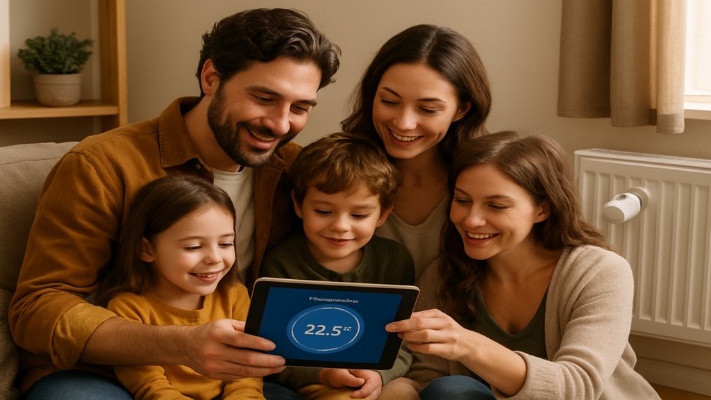 Familie, die die Temperatur über eine App einstellt, mit einem smarten Heizkörperthermostat im Hintergrund.