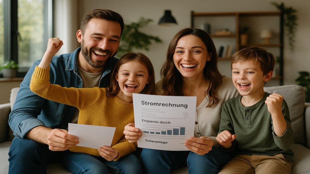 Familie freut sich über Einsparungen durch eine Solaranlage.