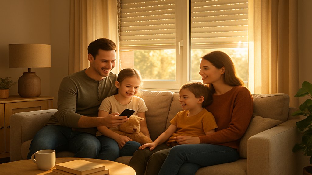 Familie im Wohnzimmer mit automatischer Rollladensteuerung.