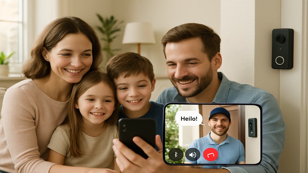 Familie kommuniziert über Smartphone-App mit einer Person an der Haustür.