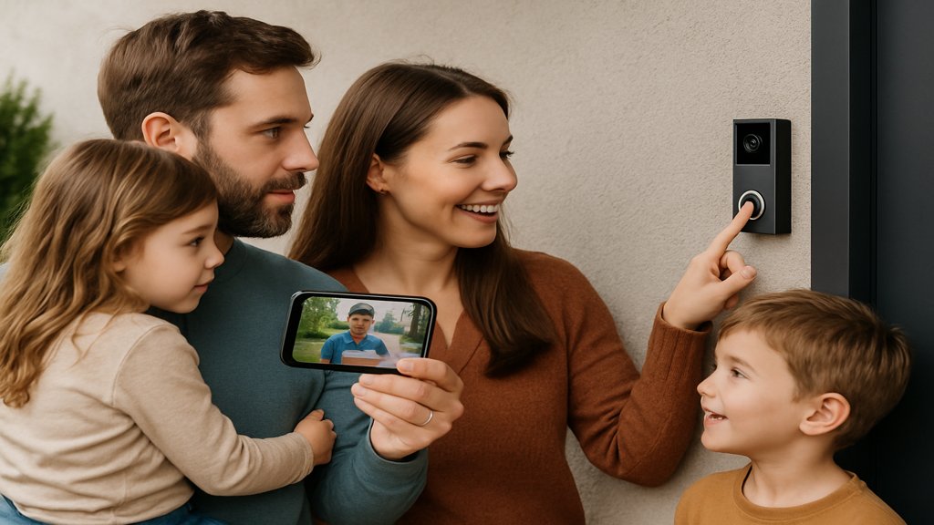Familie nutzt eine smarte Türklingel und sieht Live-Video auf dem Smartphone.
