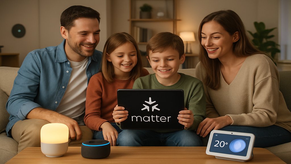 Familie nutzt Matter-kompatible Geräte verschiedener Marken in ihrem Zuhause.