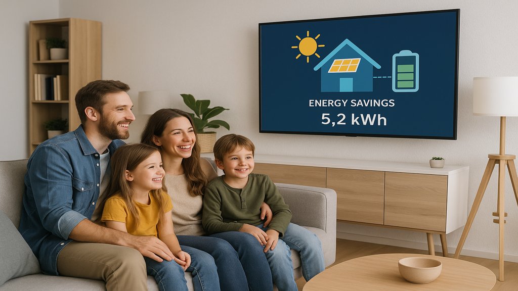 Familie überprüft die Energieeinsparungen ihrer Solaranlage mit Speicher.