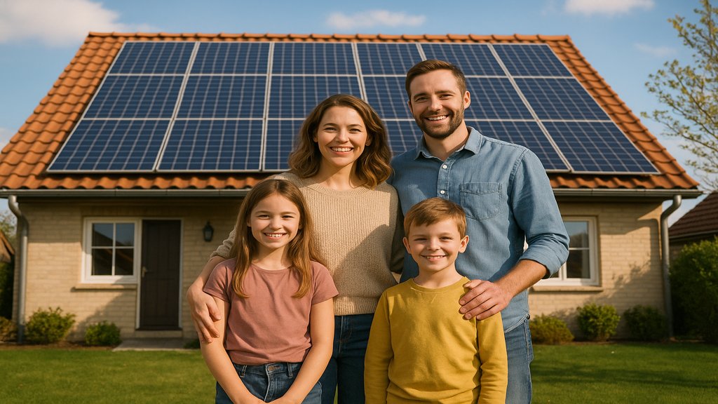 Familie vor einem Haus mit Photovoltaikanlage auf dem Dach.