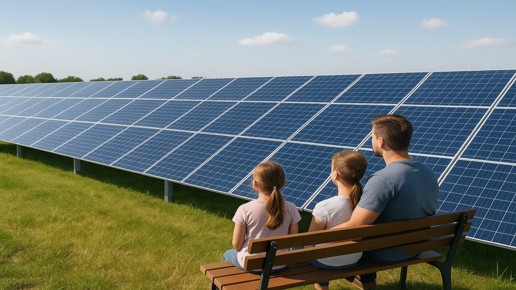 Familie vor einem Solaranlagenpark, das Thema Nachhaltigkeit symbolisierend.