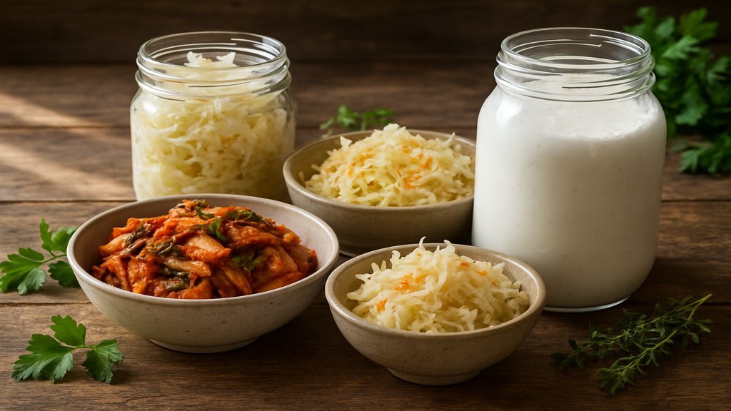Fermentierte Lebensmittel wie Kimchi, Sauerkraut und Kefir für eine gesunde Darmflora.