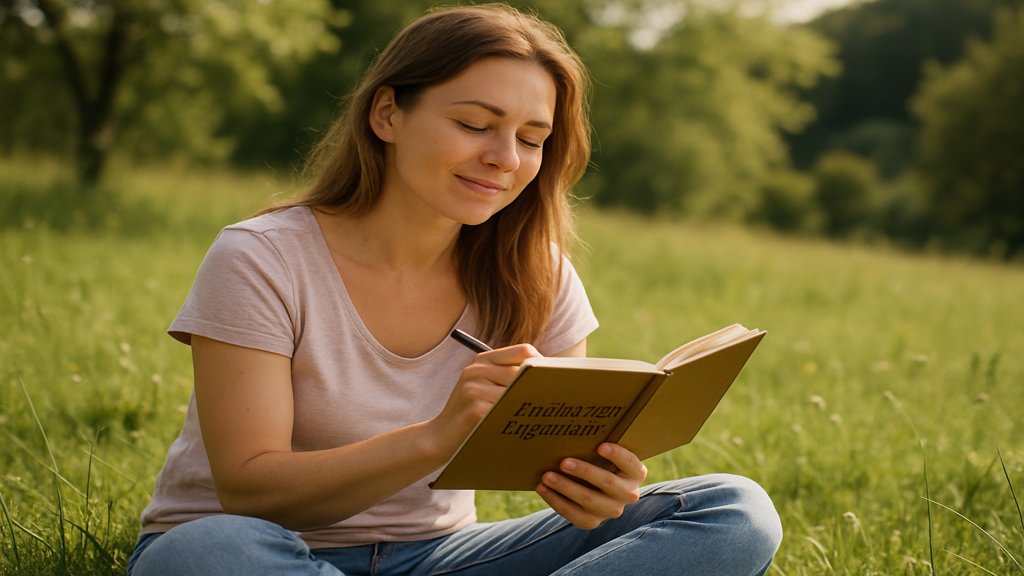 Frau schreibt auf einer Wiese in ihr Tagebuch über ihre Ernährung.