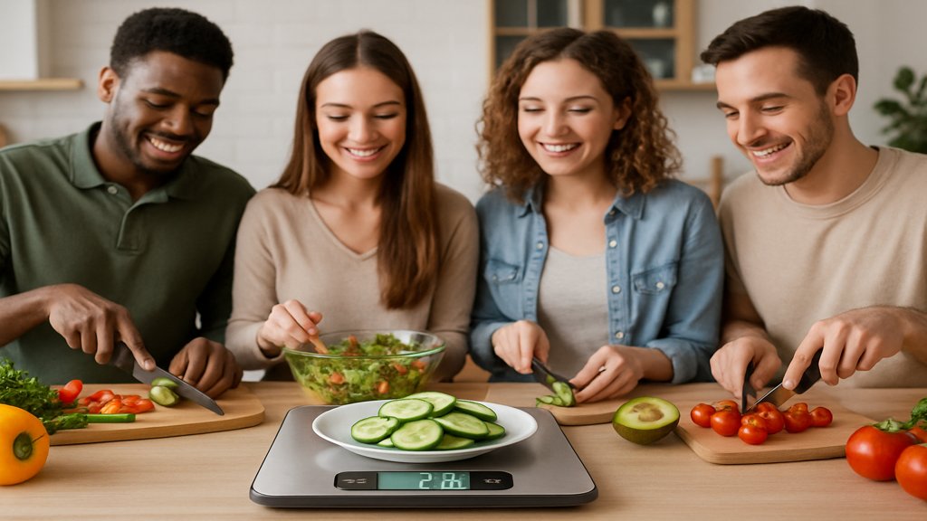 Freunde bereiten gesunde Mahlzeiten zu und nutzen eine digitale Küchenwaage.