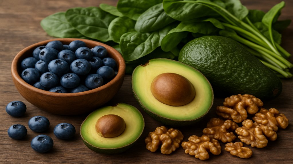 Frische antientzündliche Lebensmittel wie Blaubeeren, Avocados und Walnüsse.