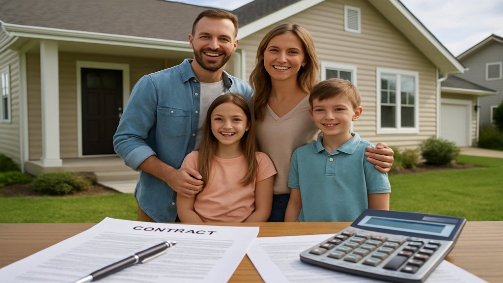 GlĂŒckliche Familie vor ihrem Eigenheim nach erfolgreicher Sondertilgung.