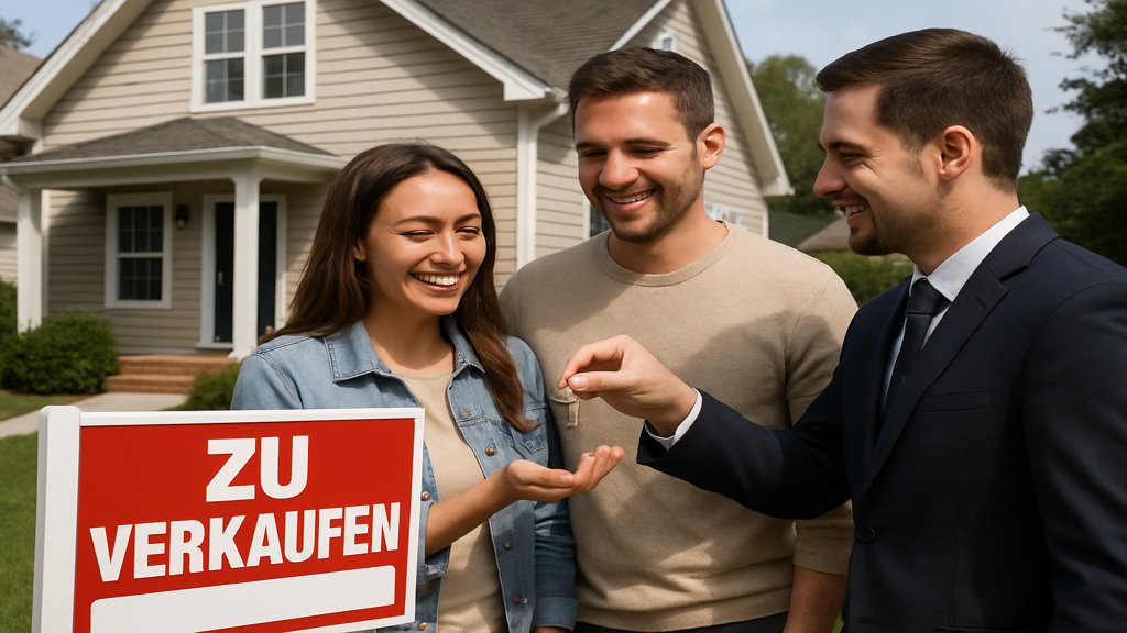 Glückliches Paar erhält den Schlüssel für ihr neues Haus vom Makler.