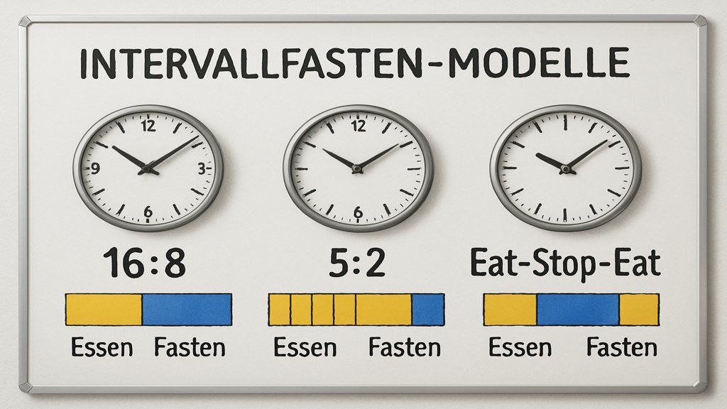 Grafik mit verschiedenen Intervallfasten-Modellen auf einem Whiteboard.