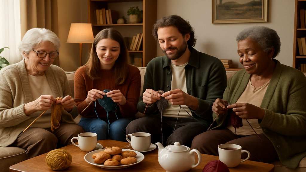 Gruppe von Menschen, die gemeinsam stricken, in einem gemütlichen Wohnzimmer.
