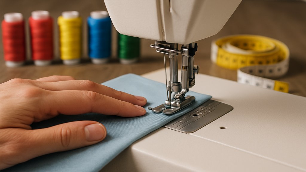 Hand führt Stoff durch eine Nähmaschine, Garnrollen im Hintergrund.