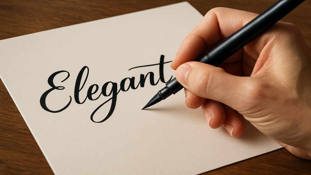 Hand mit Pinselstift beim Schreiben auf Papier.