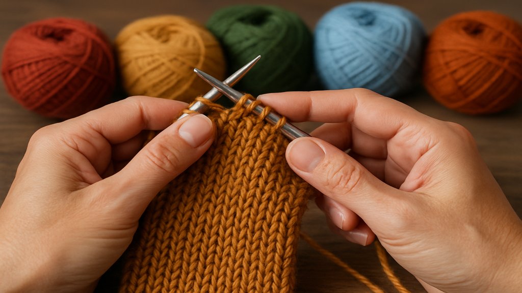 Hände beim Stricken eines Schals mit bunten Garnknäueln im Hintergrund.