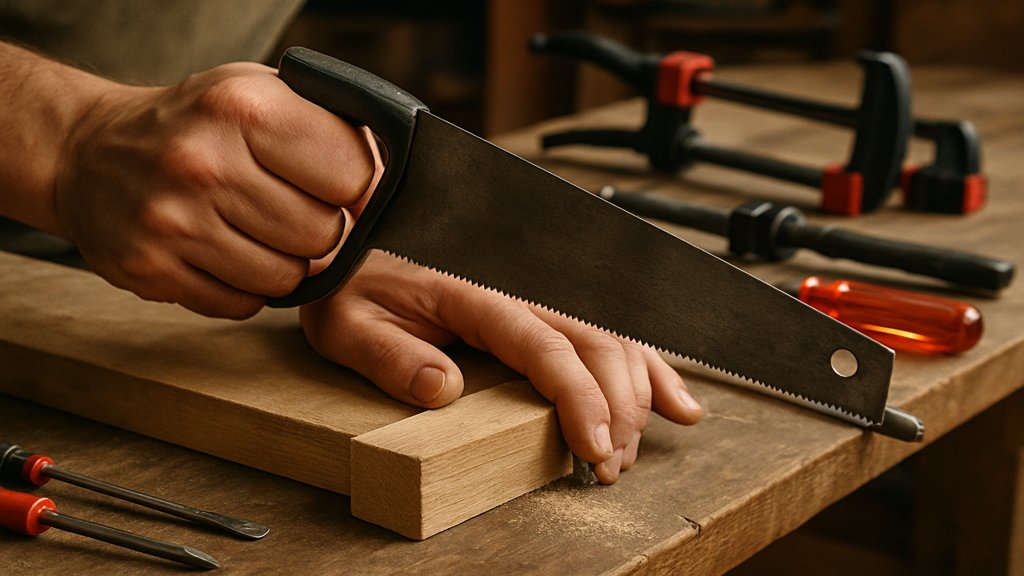 Hände, die ein Holzstück mit einer Handsäge bearbeiten.
