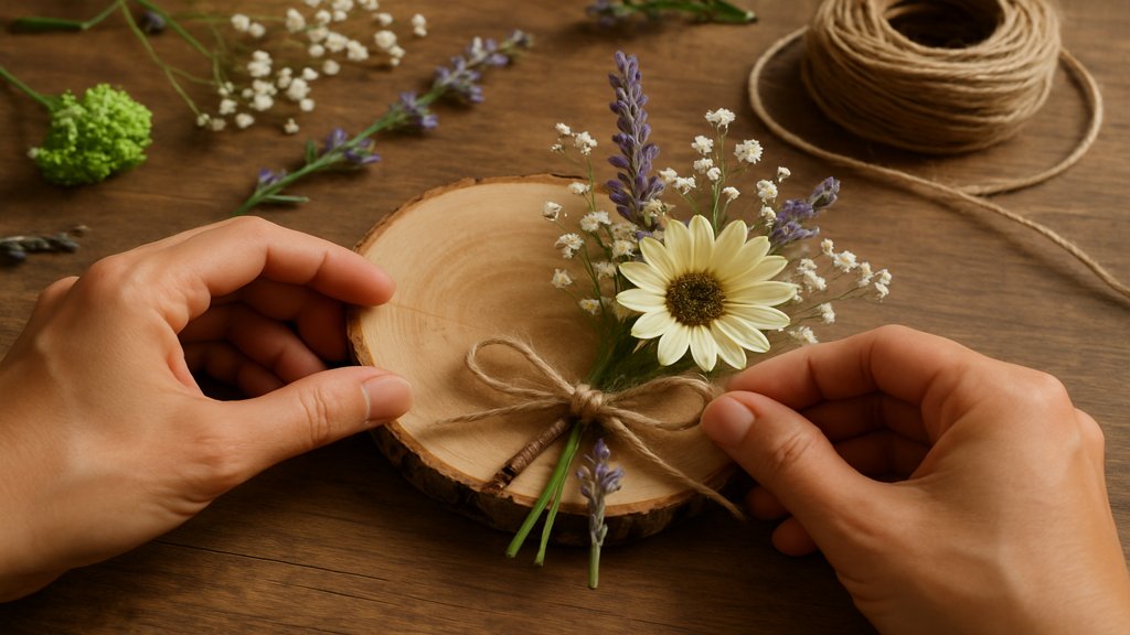 Hände, die eine DIY-Deko aus Holz und Blumen gestalten.