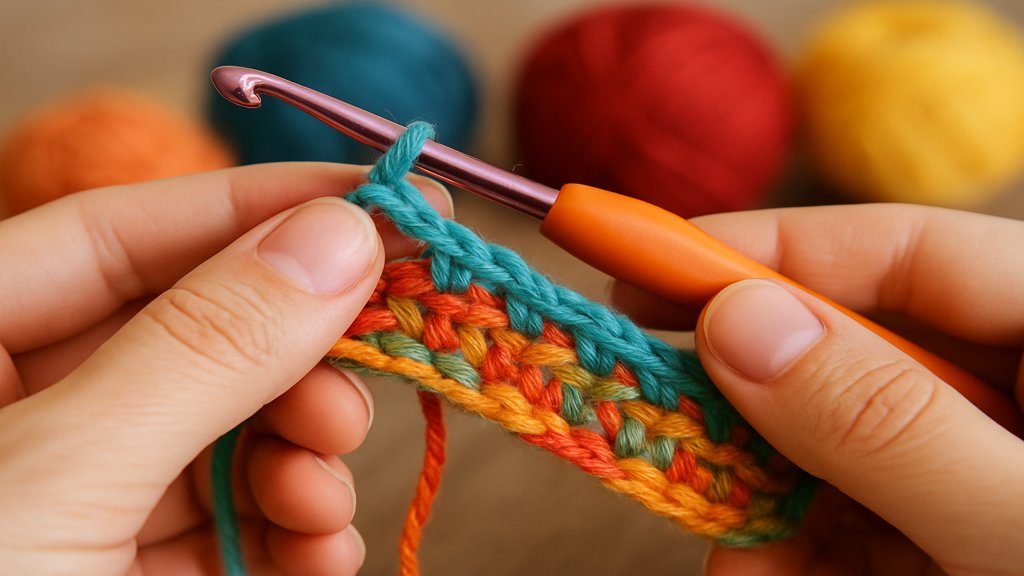 Hände, die eine einfache Häkelmasche machen, mit buntem Garn und Häkelnadel.