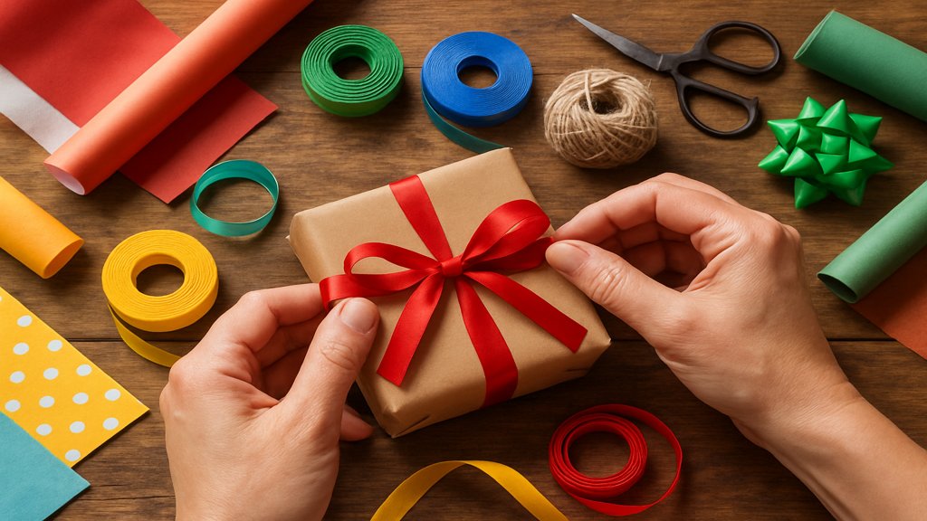 Hände verpacken ein DIY-Geschenk mit buntem Papier und Schleifen.