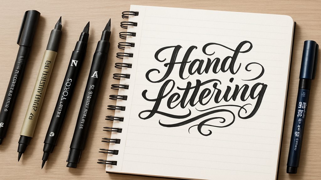 Handlettering-Stifte und ein Notizbuch mit einer Zeichnung.