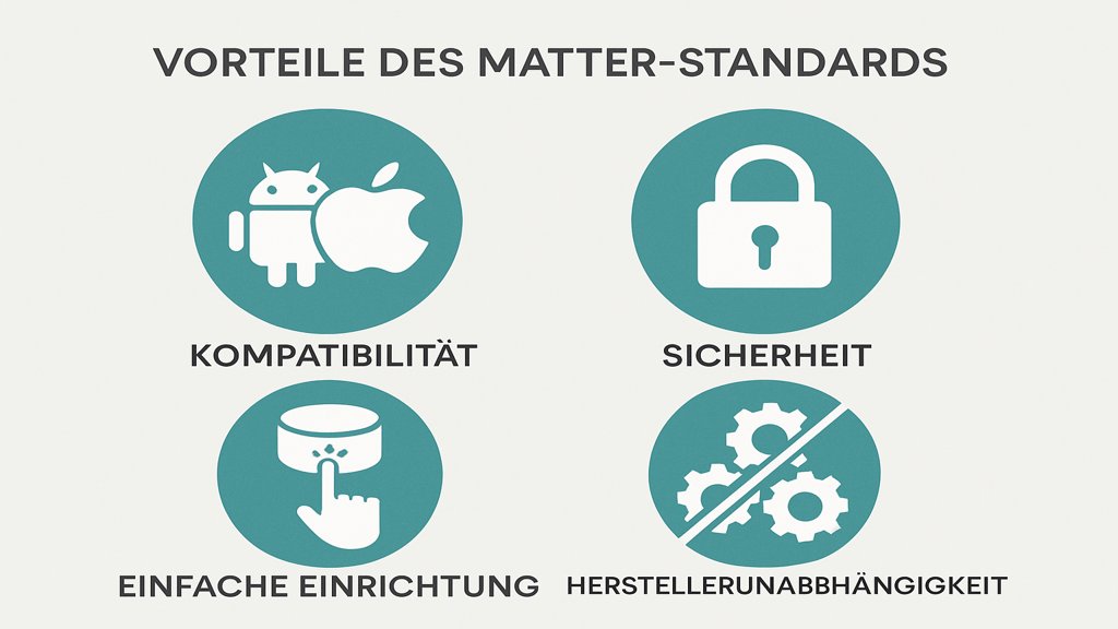 Infografik mit den Vorteilen des Matter Standards für Smart-Home-Geräte.