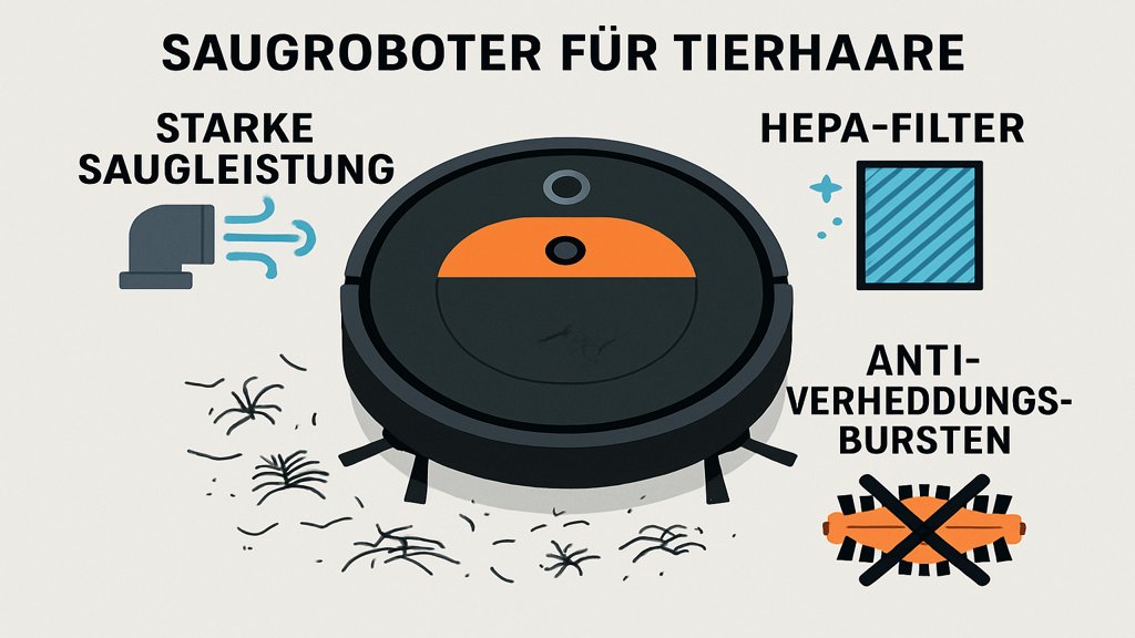Infografik mit den wichtigsten Funktionen eines Saugroboters für Tierhaare.