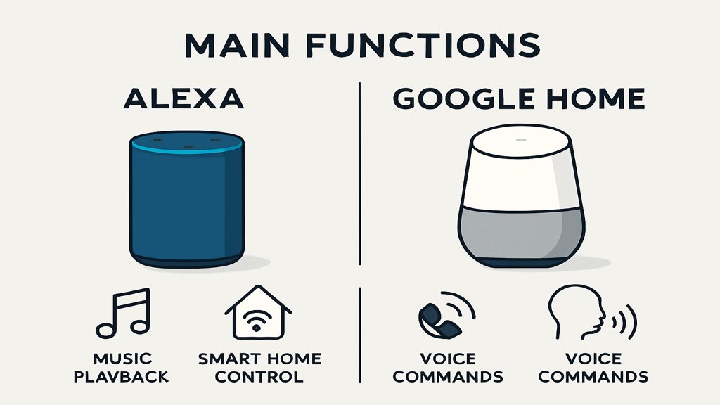 Infografik mit Funktionen von Alexa und Google Home im Vergleich.