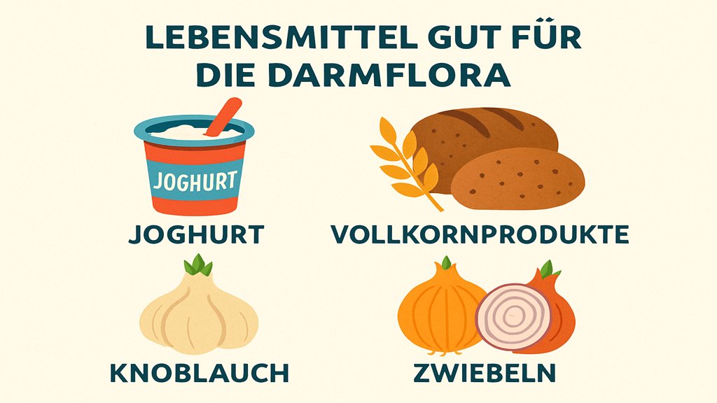 Infografik mit Lebensmitteln für eine gesunde Darmflora.