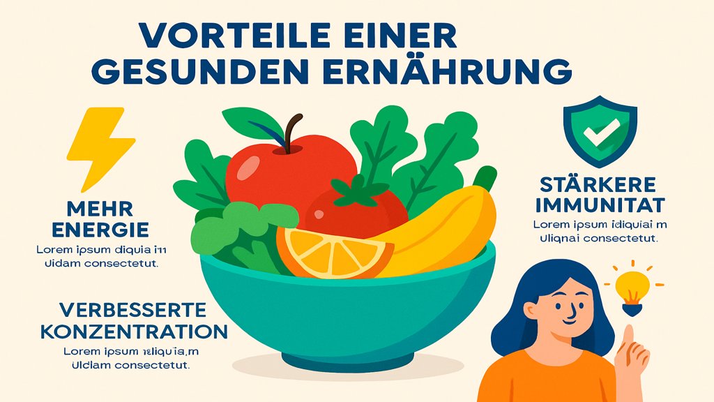 Infografik mit Vorteilen einer gesunden Ernährung wie bessere Energie und stärkere Immunität.