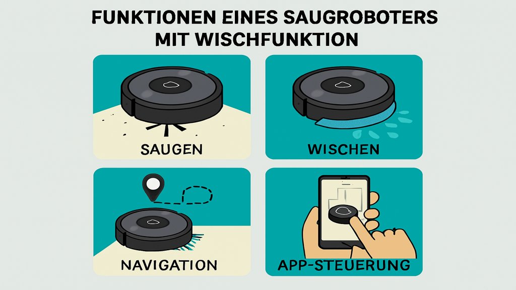 Infografik zu den Funktionen eines Saugroboters mit Wischfunktion.