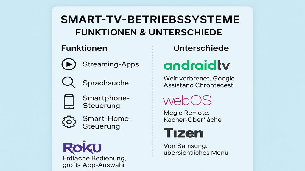 Infografik zu den Funktionen und Unterschieden von Smart-TV-Betriebssystemen.