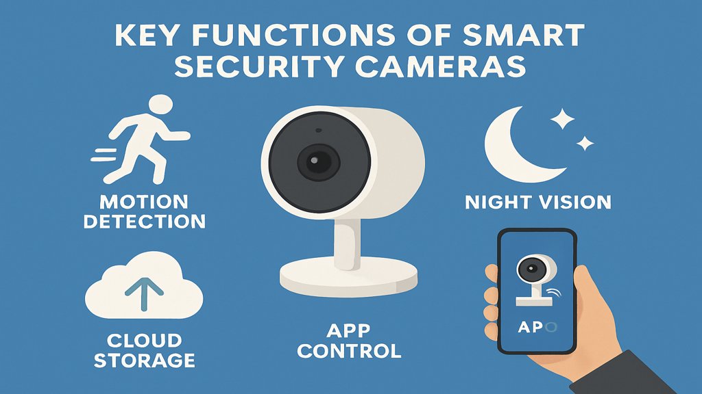 Infografik zu Funktionen smarter Sicherheitskameras.