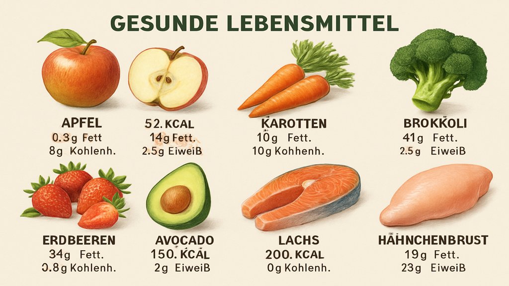 Infografik zu gesunden Lebensmitteln und ihren Nährwerten.