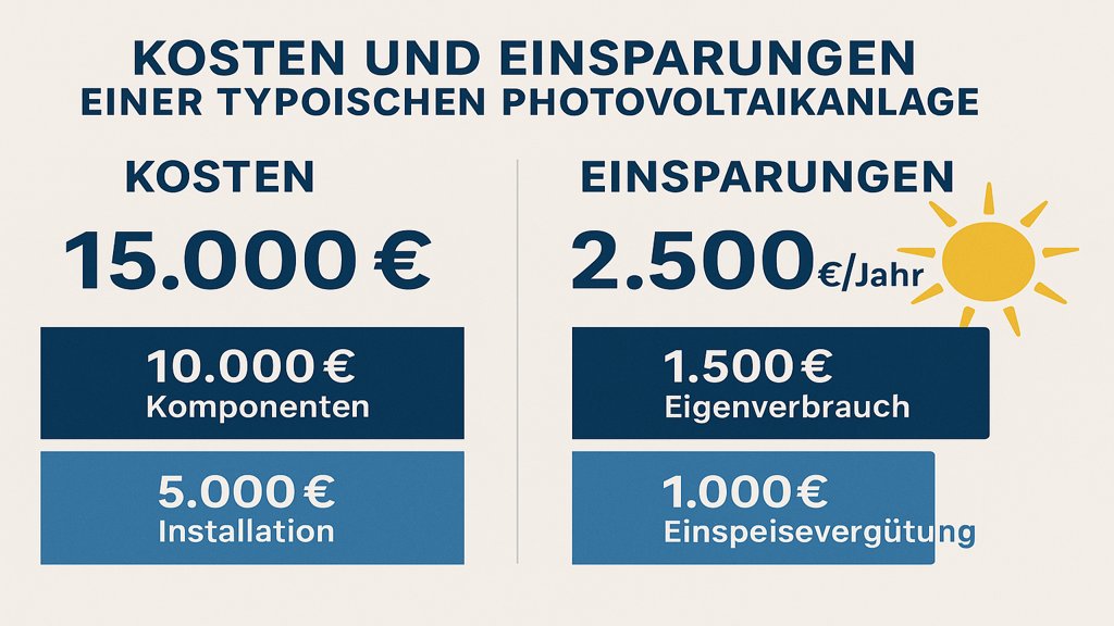 Infografik zu Kosten und Einsparungen einer Photovoltaikanlage.