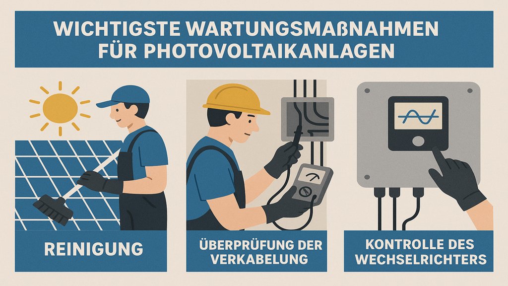 Infografik zu Wartungsmaßnahmen für Photovoltaikanlagen.