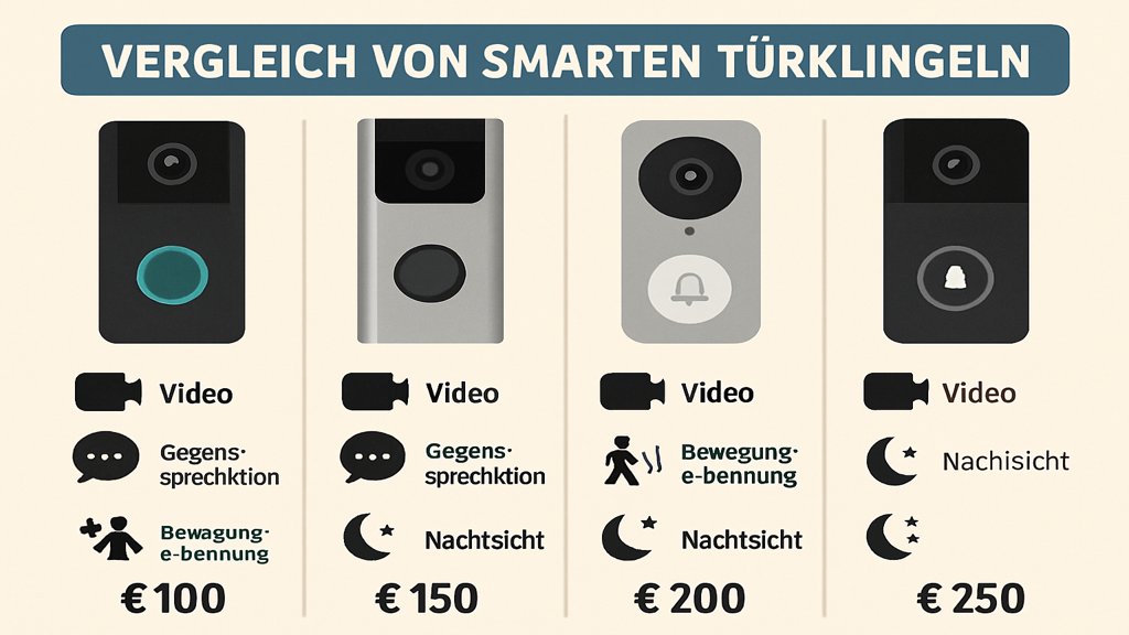 Infografik zum Vergleich von Funktionen und Preisen verschiedener Türklingel-Alternativen.