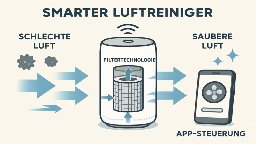 Infografik zur Funktionsweise eines smarten Luftreinigers mit Filtertechnologie und App-Steuerung.