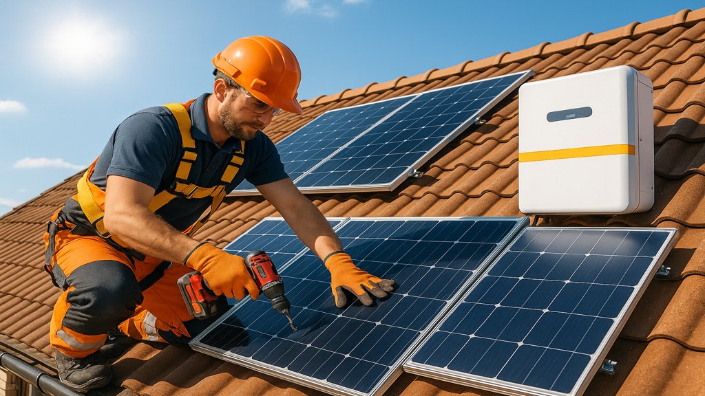 Installateur bei der Installation einer Solaranlage mit Speicher.
