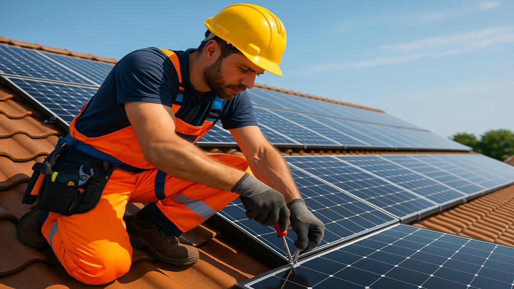 Installateur montiert Solaranlage auf einem Dach.