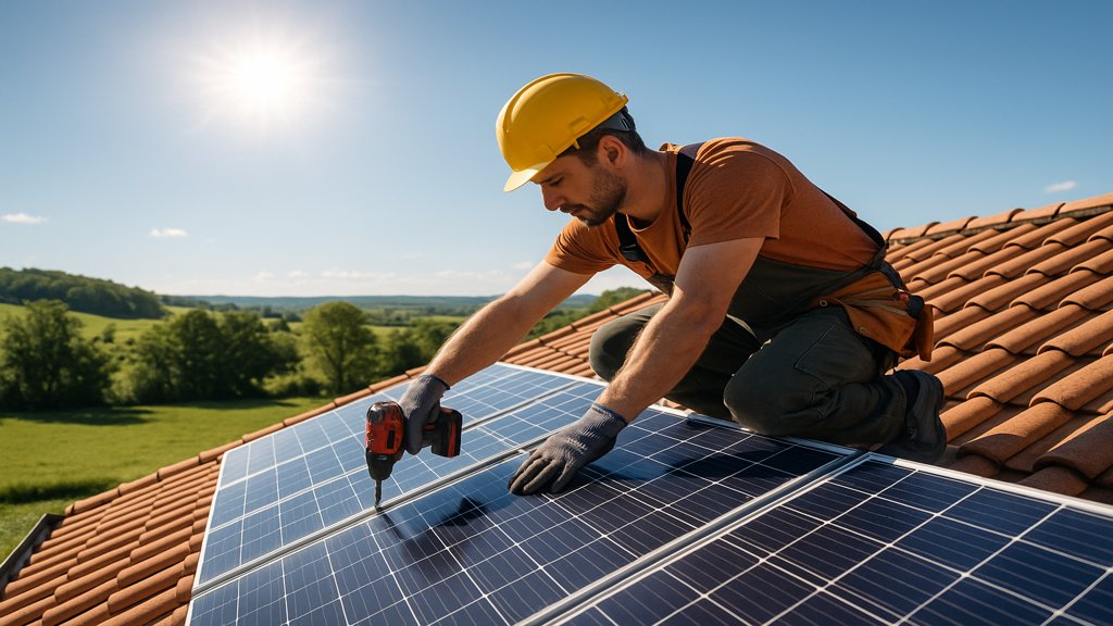 Installateur montiert Solarpanele auf einem Dach.