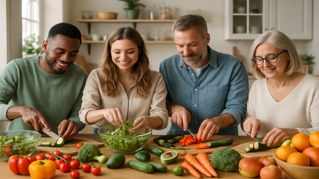 Menschen bereiten gemeinsam gesundes Essen mit frischen Zutaten zu.