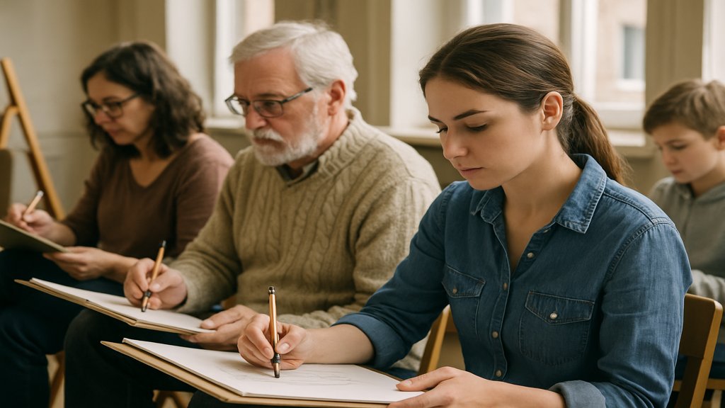 Menschen in einem Zeichenkurs, die konzentriert an ihren Skizzen arbeiten.